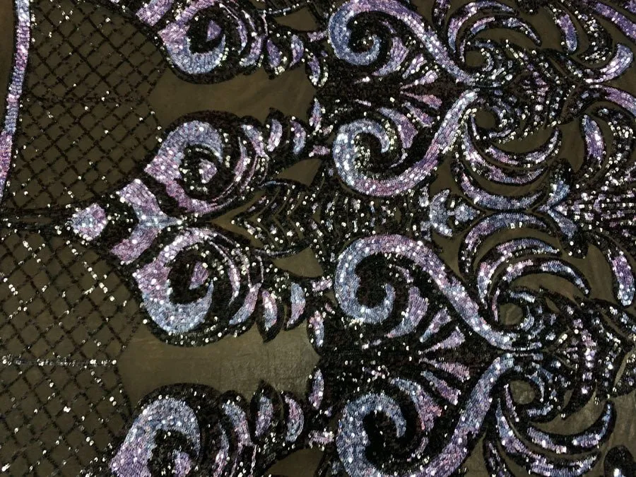 Bridal Silver and Black Sequin Embroidery on Lavender Stretch Mesh Fabric