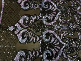 Bridal Silver and Black Sequin Embroidery on Lavender Stretch Mesh Fabric