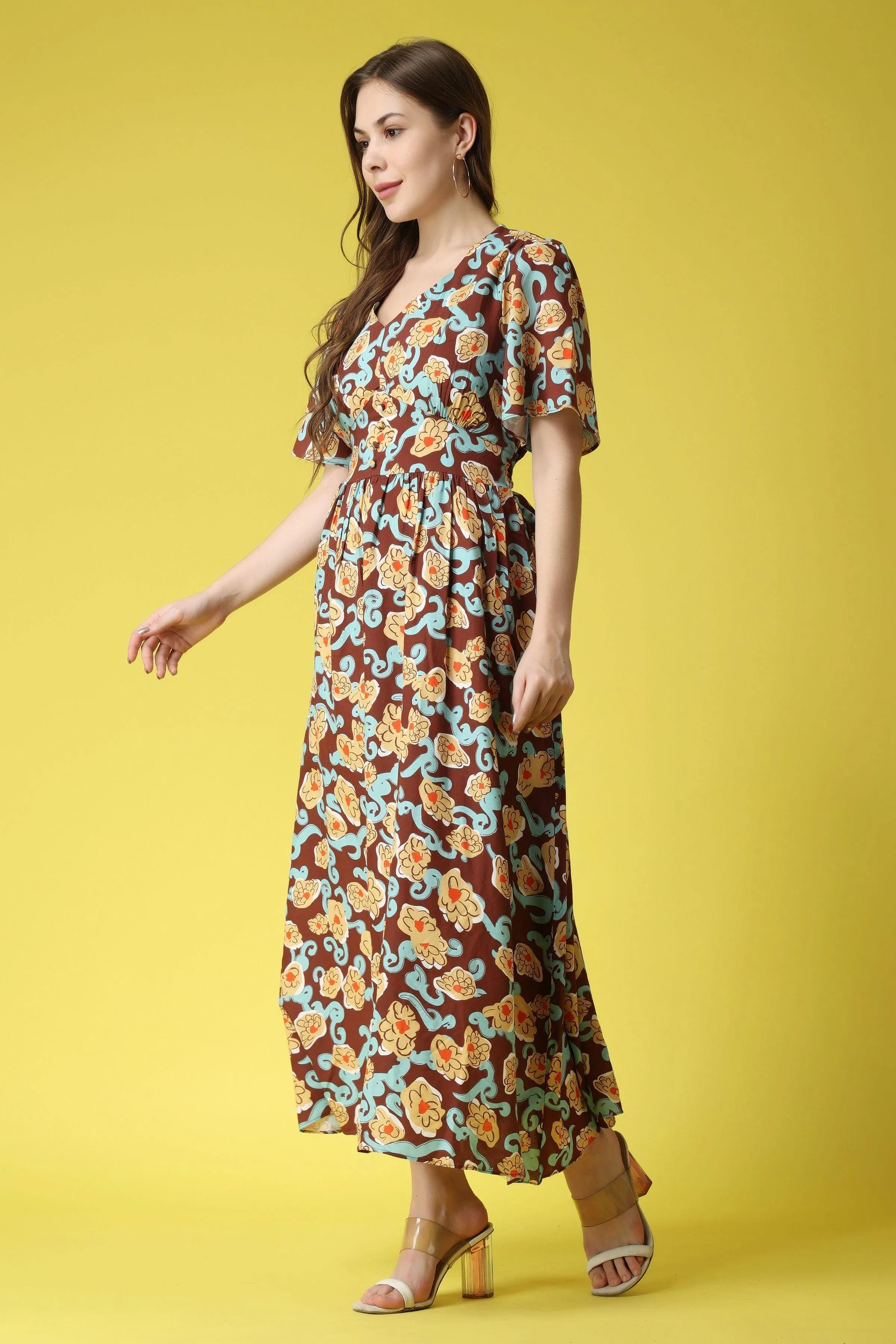 Brown Floral Printed Maxi Dress