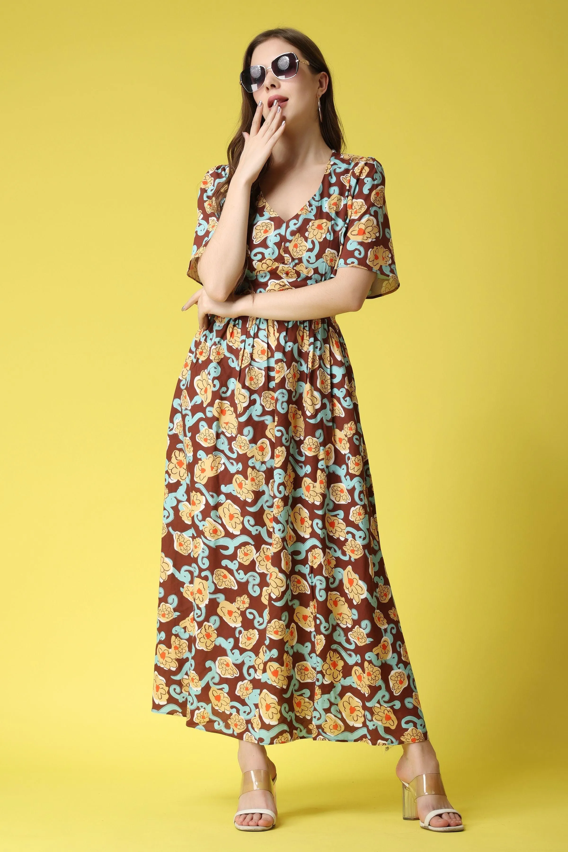 Brown Floral Printed Maxi Dress