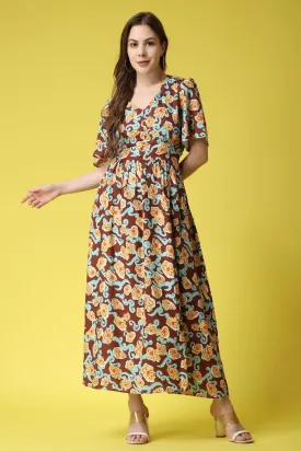 Brown Floral Printed Maxi Dress