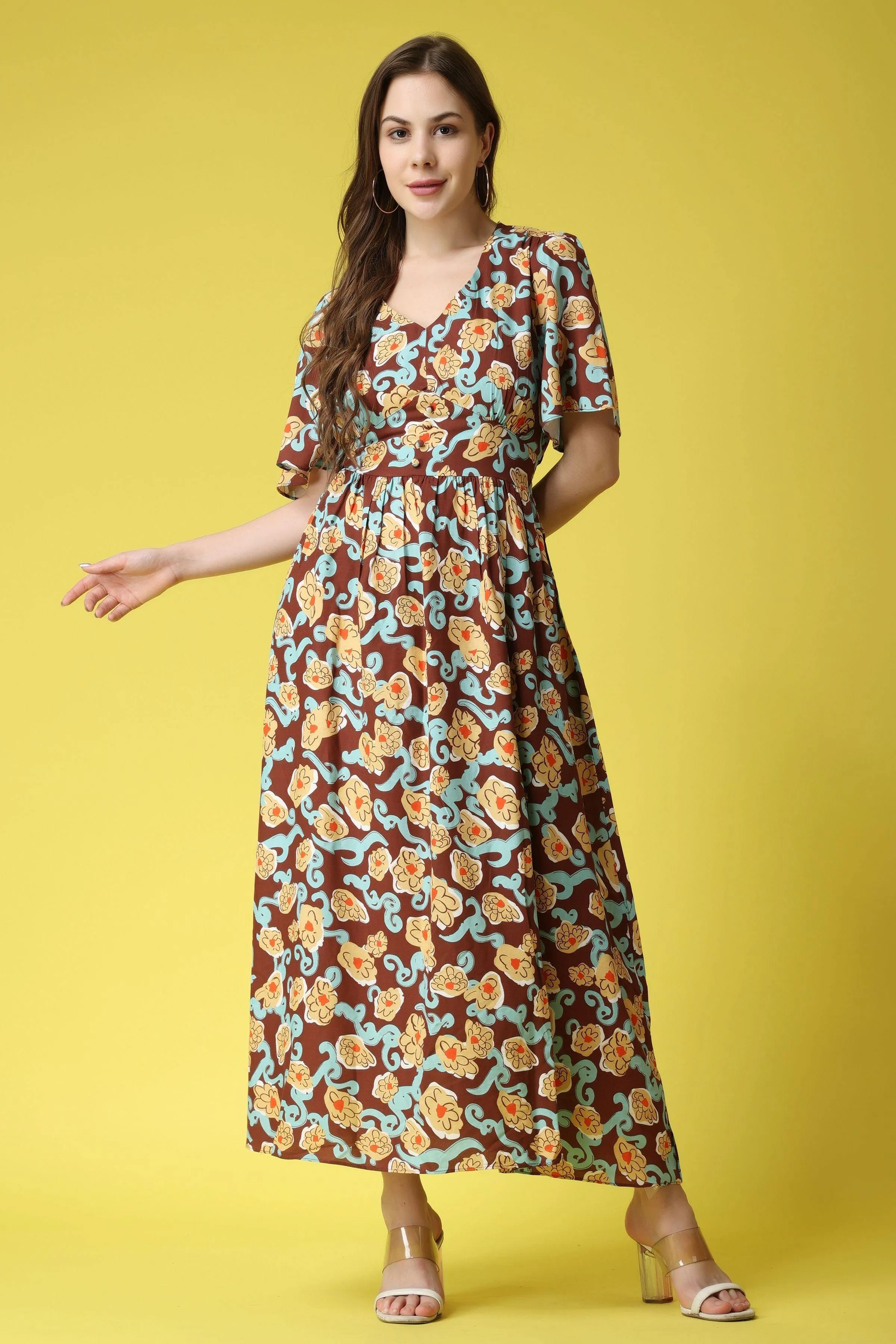 Brown Floral Printed Maxi Dress