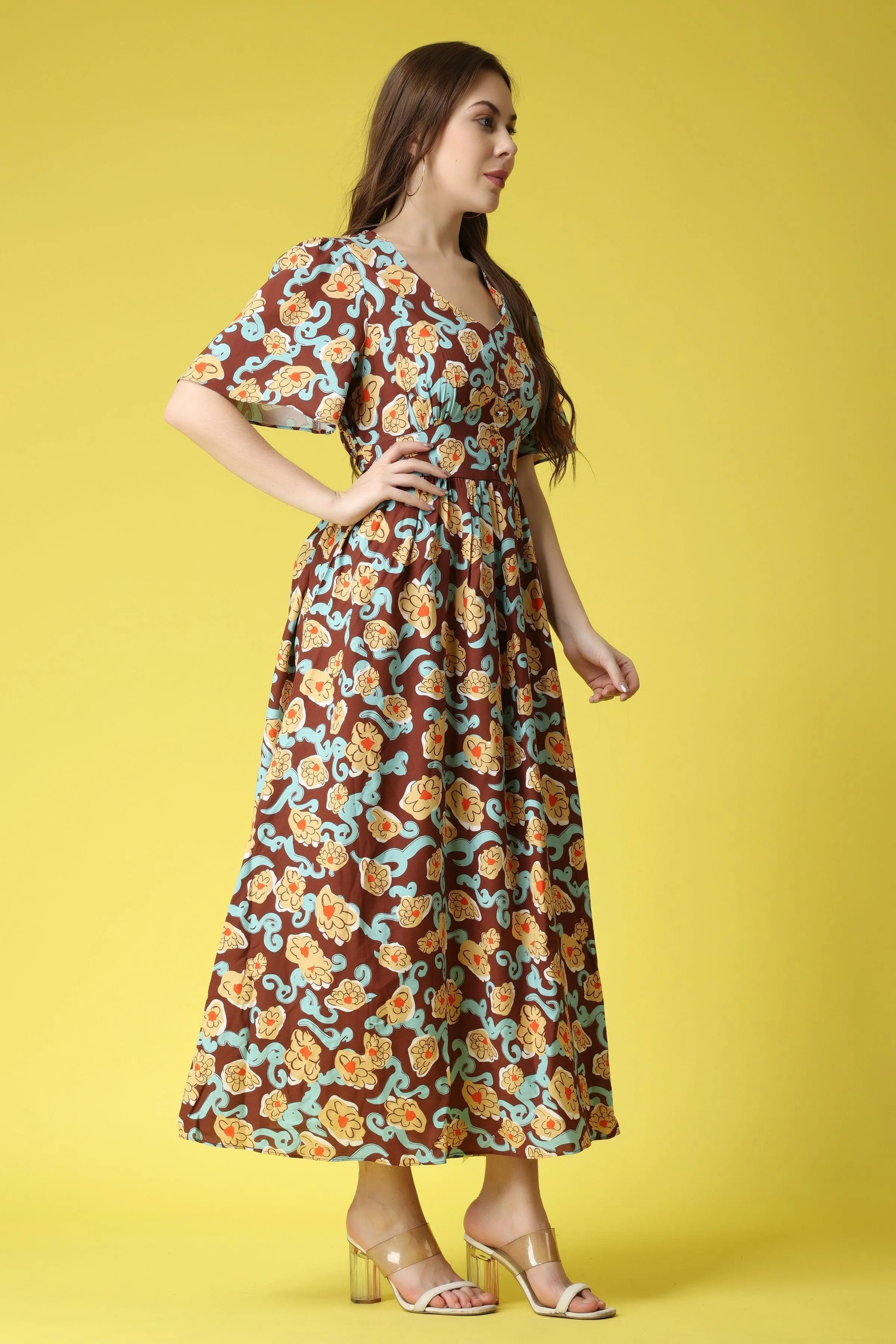 Brown Floral Printed Maxi Dress