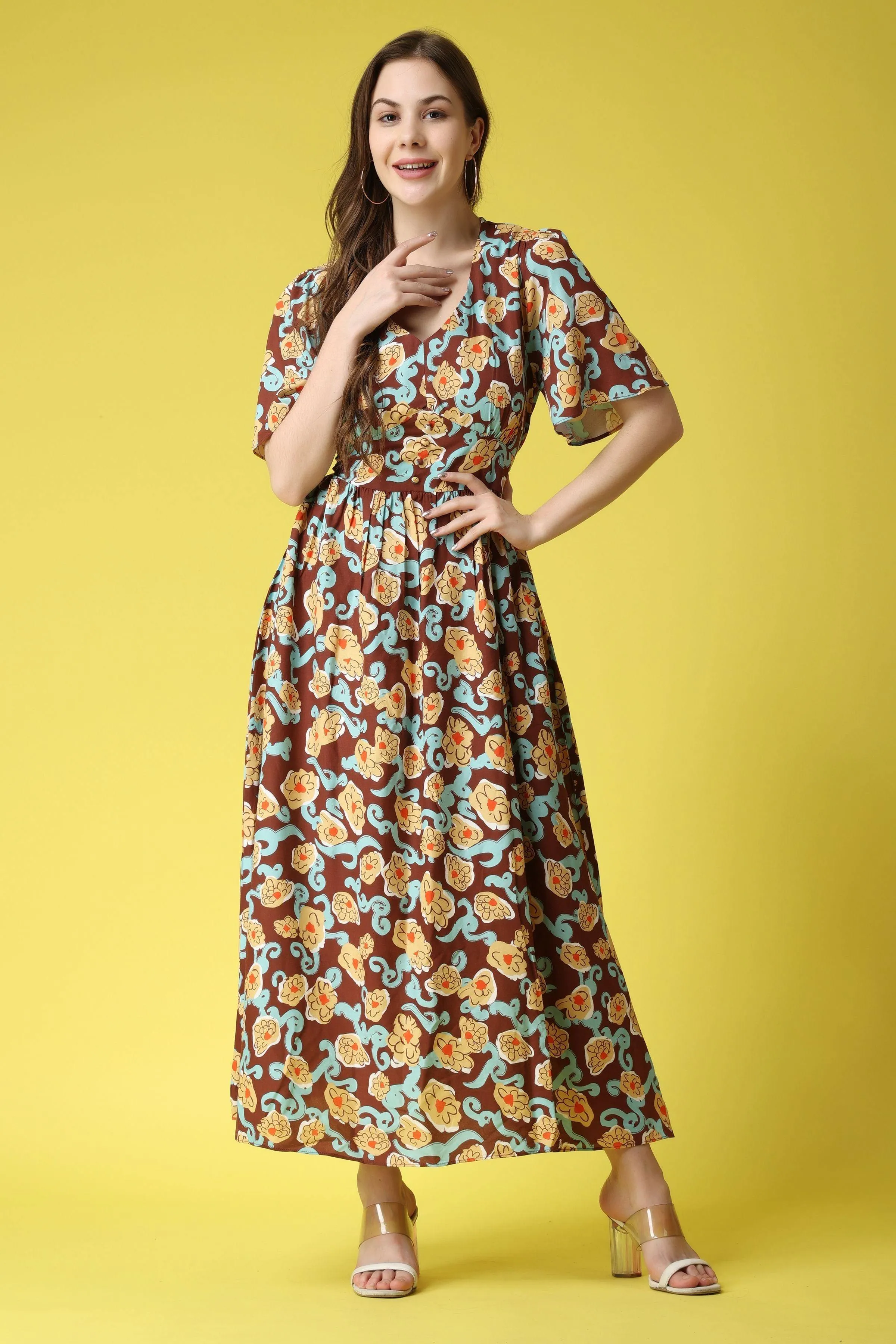 Brown Floral Printed Maxi Dress