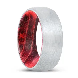 BRUTE | Black & Red Wood, White Tungsten Ring, Brushed, Domed