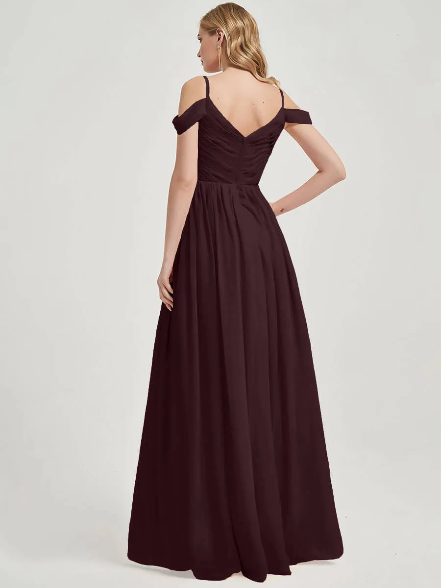 Cabernet Cold Shoulder Spaghetti Straps Pleated Chiffon Bridesmaid Dress