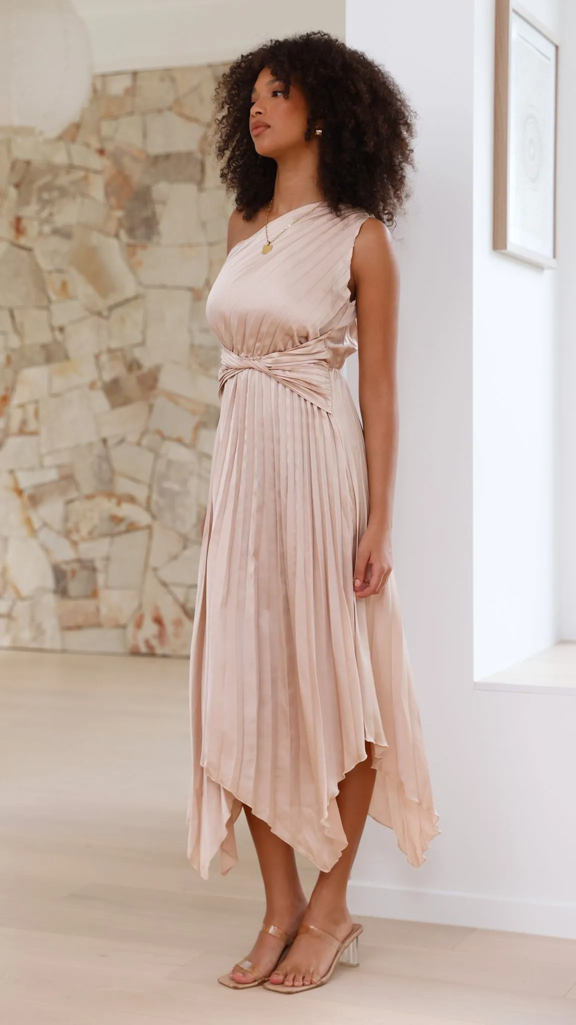 Cali One Shoulder Midi Dress - Champagne