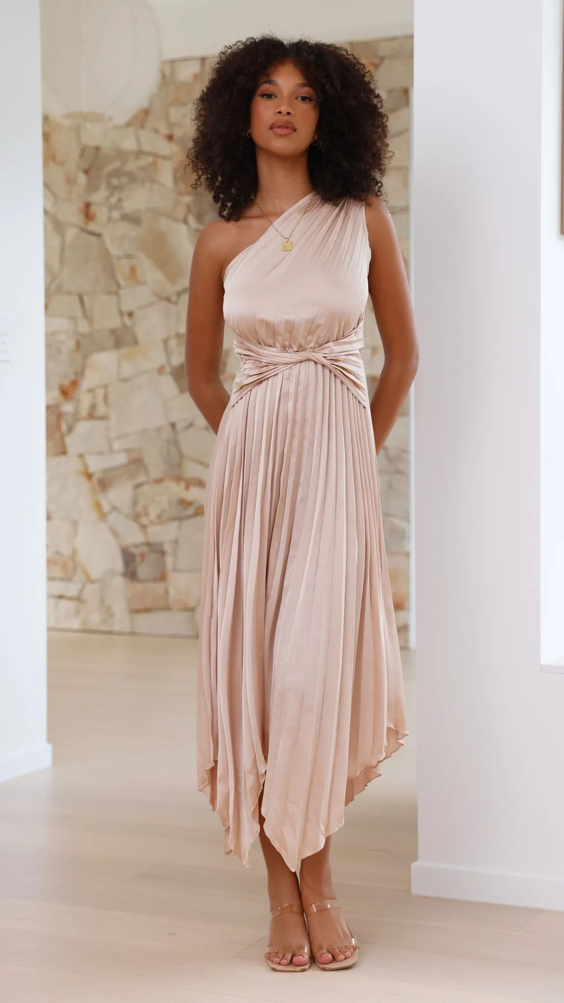 Cali One Shoulder Midi Dress - Champagne