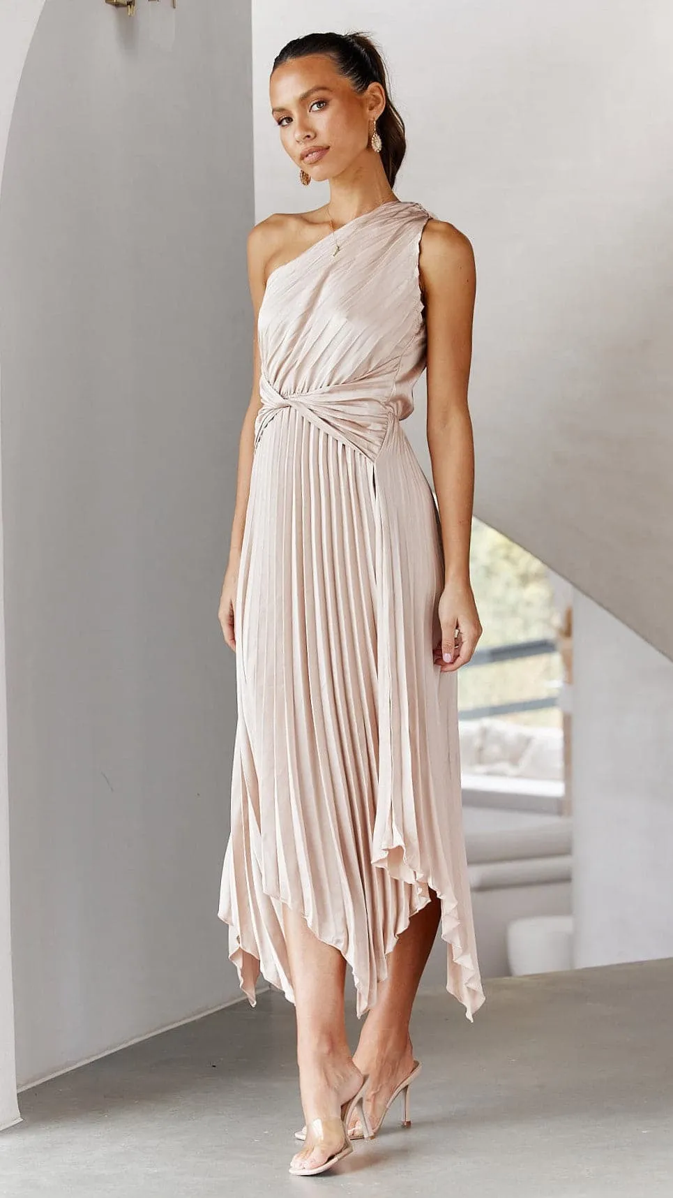 Cali One Shoulder Midi Dress - Champagne