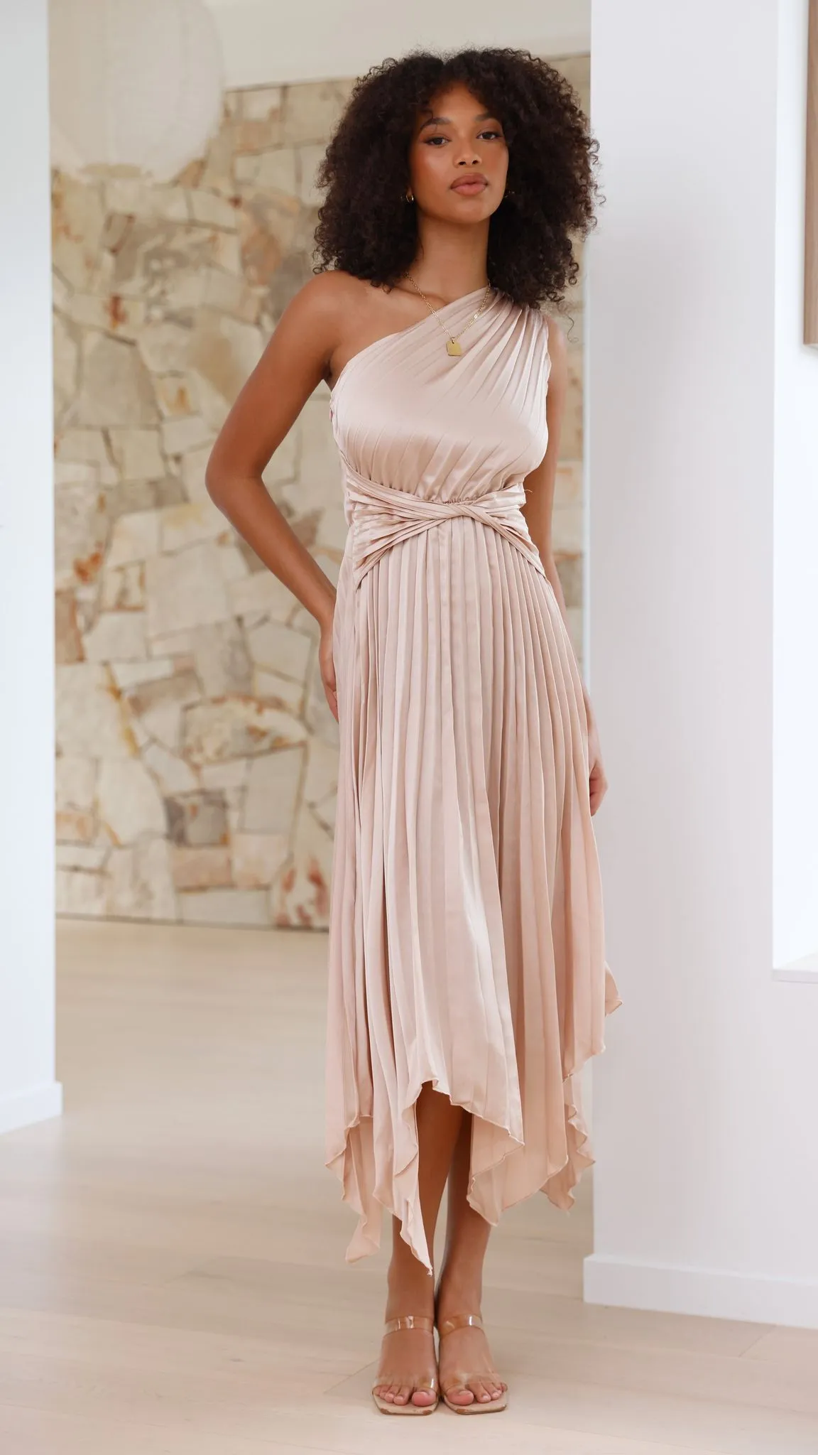 Cali One Shoulder Midi Dress - Champagne