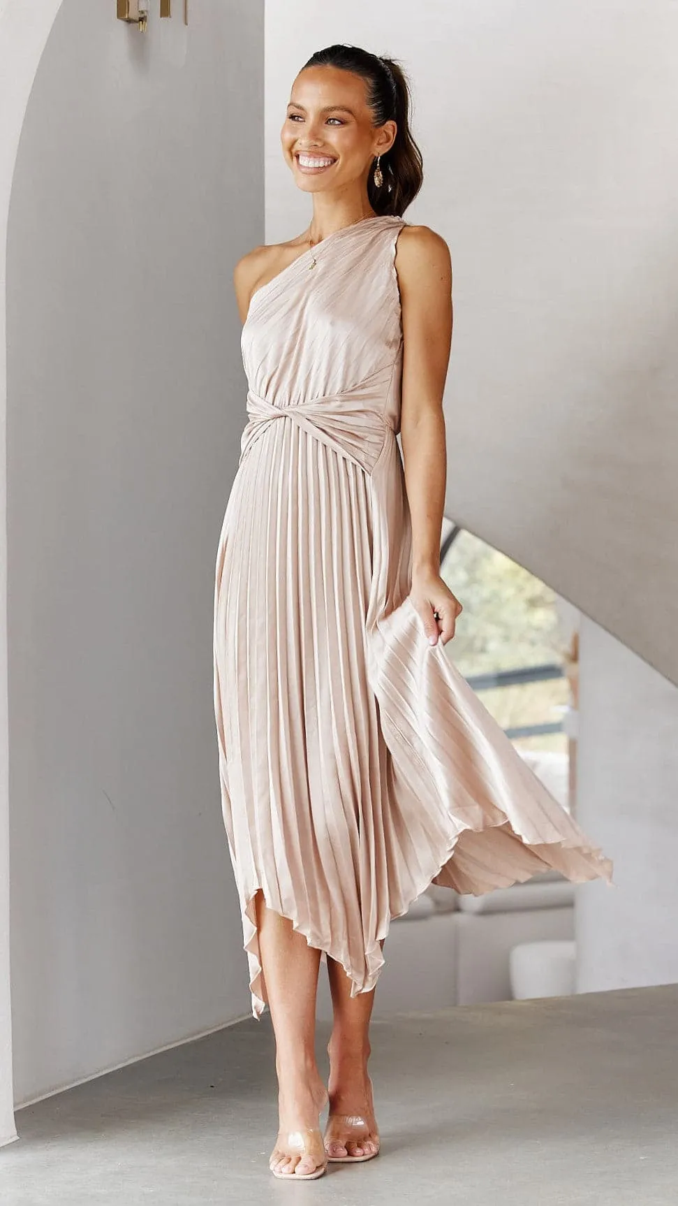 Cali One Shoulder Midi Dress - Champagne