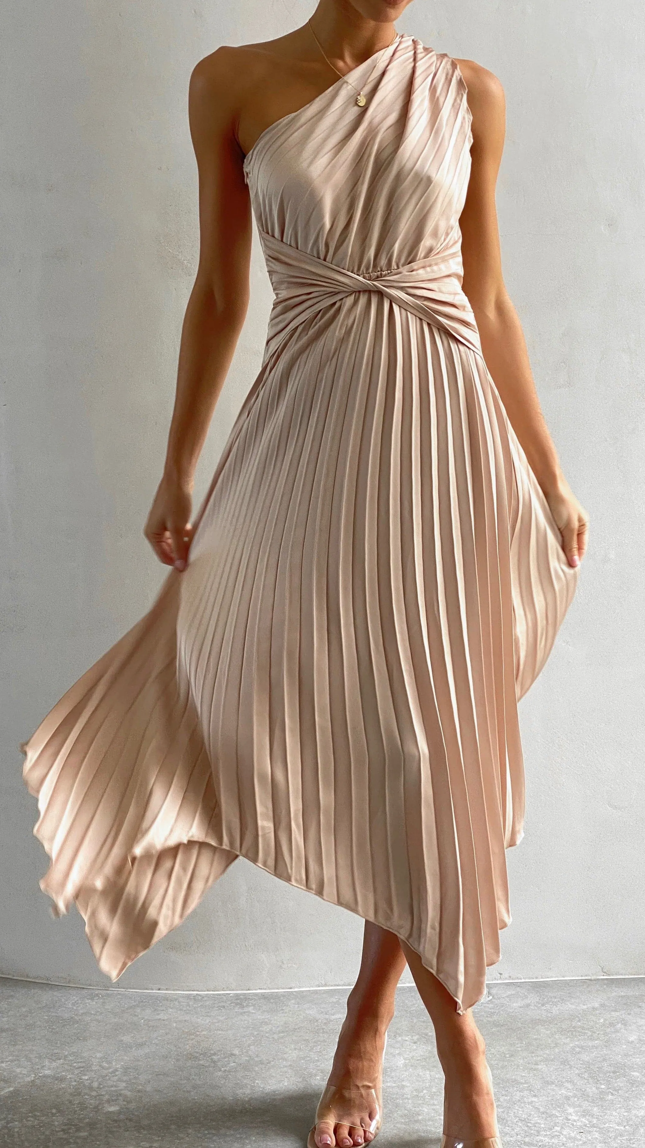 Cali One Shoulder Midi Dress - Champagne