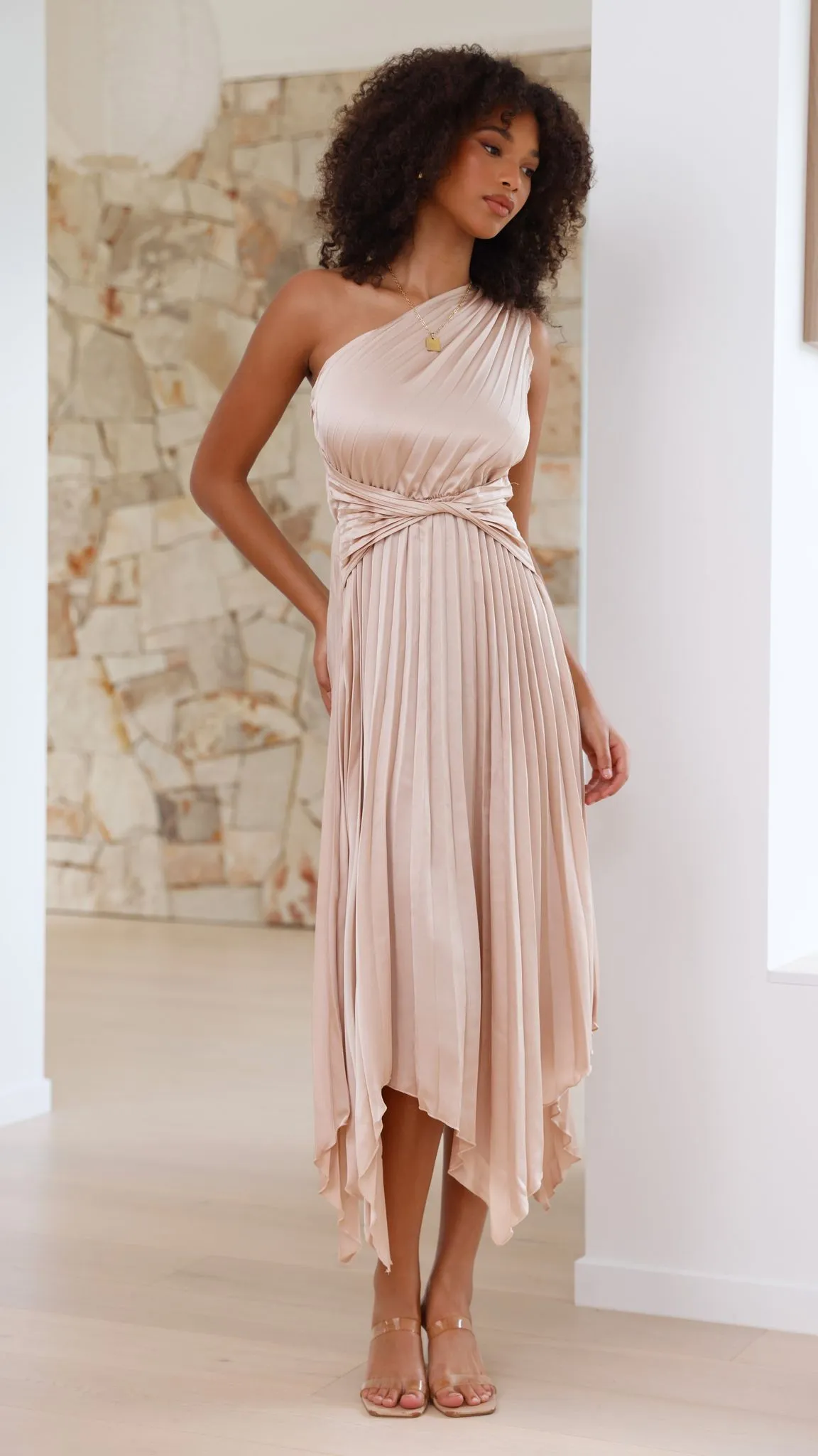 Cali One Shoulder Midi Dress - Champagne