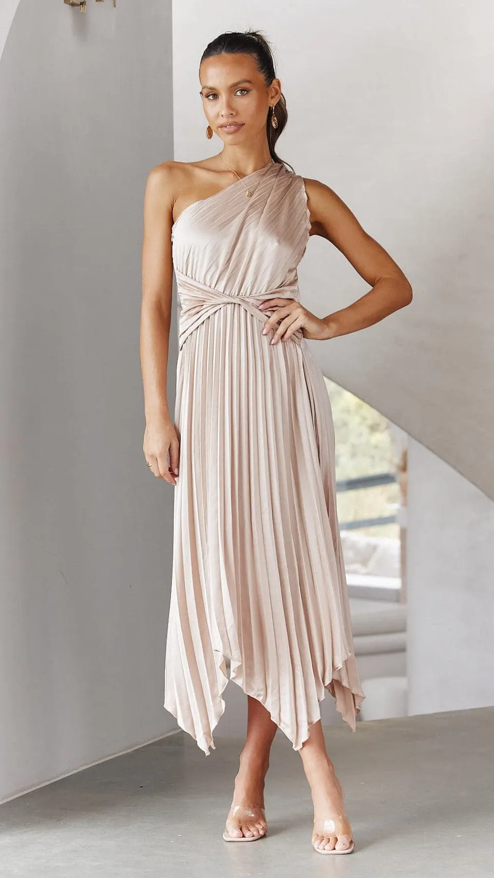 Cali One Shoulder Midi Dress - Champagne