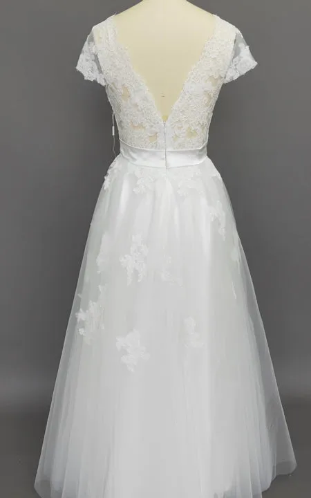 Cap Sleeve V-Neck Lace Wedding Dress With Tulle Skirt and V-Back-ZET_711631