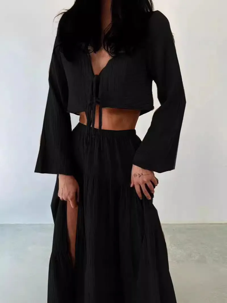 Cardigan V-neck Lace-up Slit Two-piece Suit