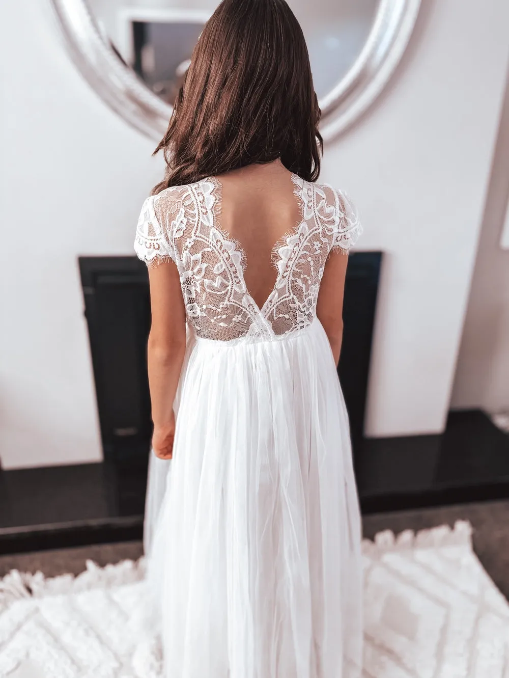 Celeste Girls White Lace & Tulle Dress