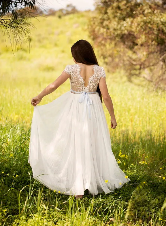 Celeste Girls White Lace & Tulle Dress