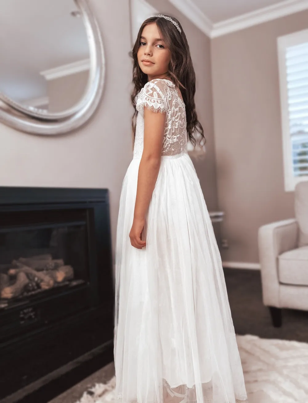 Celeste Girls White Lace & Tulle Dress