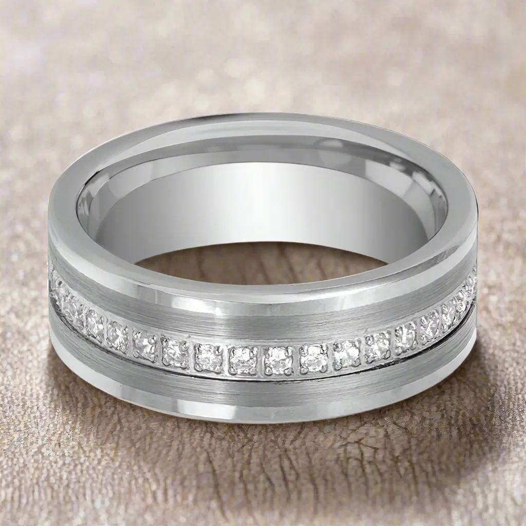 CEPHEUS | Silver Tungsten Ring, Diamond Stimulant CZ Eternity, Flat