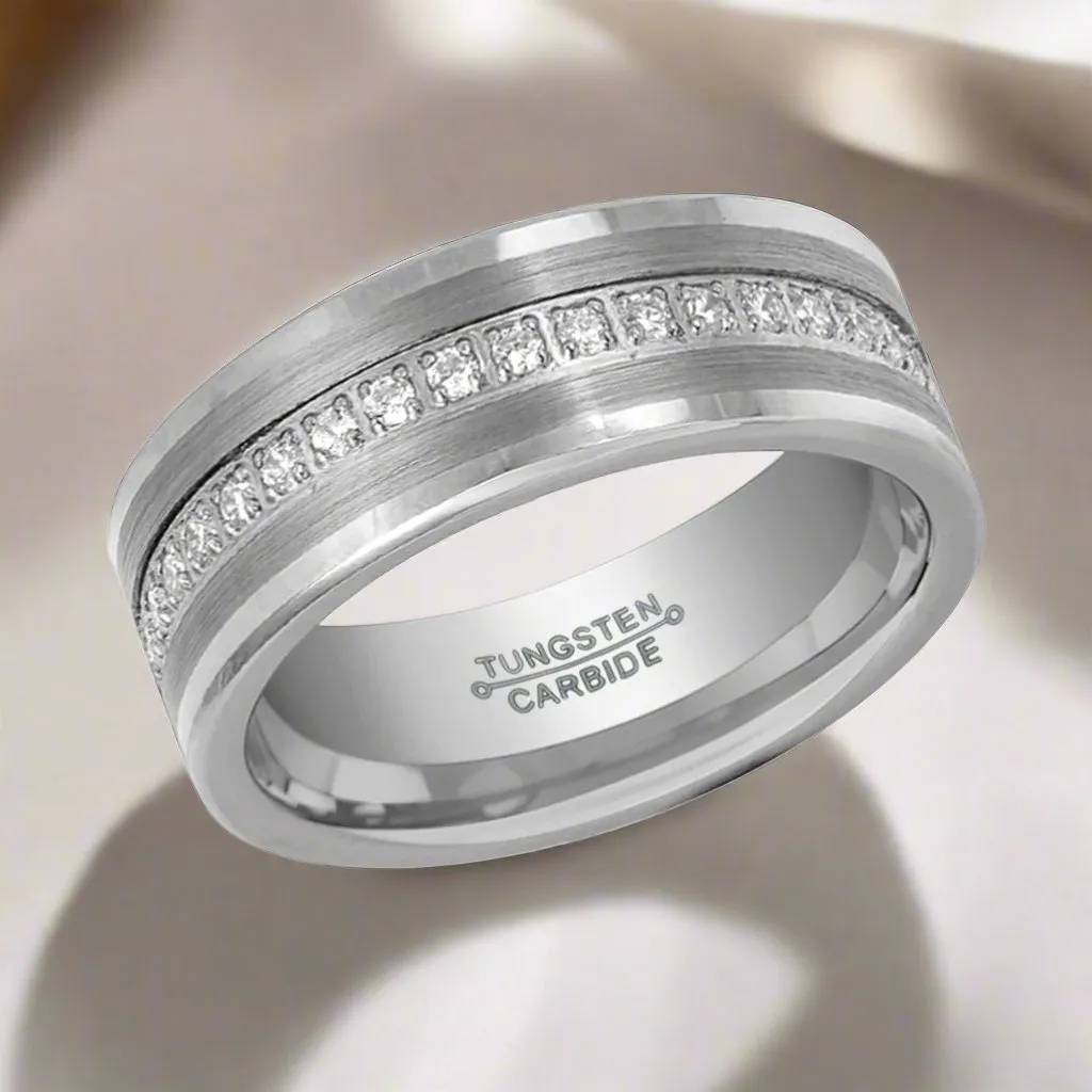 CEPHEUS | Silver Tungsten Ring, Diamond Stimulant CZ Eternity, Flat