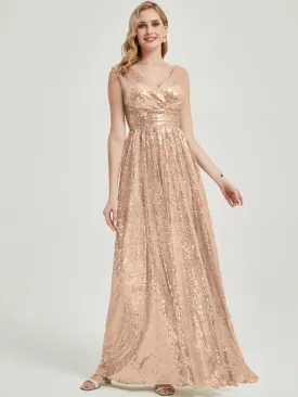 Champagne Gold V-Neck Sleeveless Empire Maxi Sequin Bridesmaid Dress