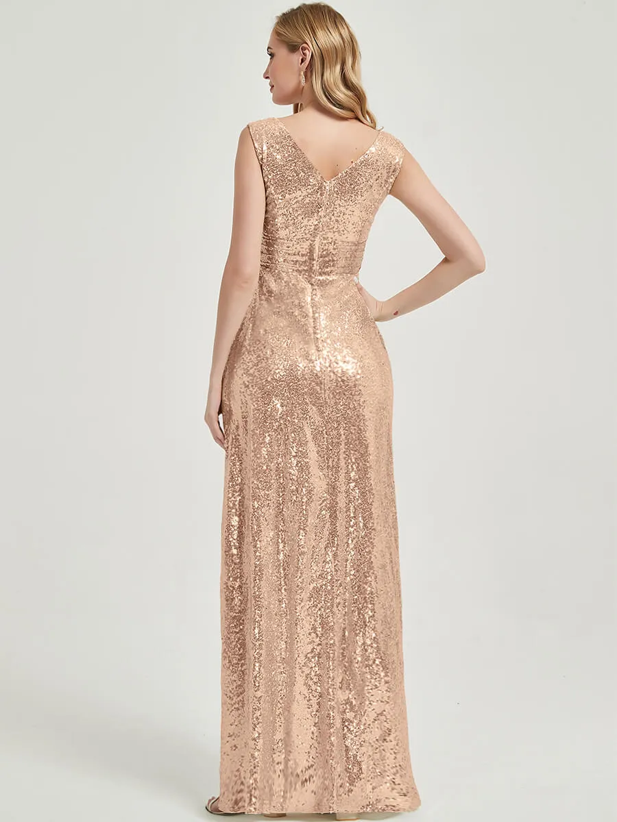 Champagne Gold V-Neck Sleeveless Empire Maxi Sequin Bridesmaid Dress