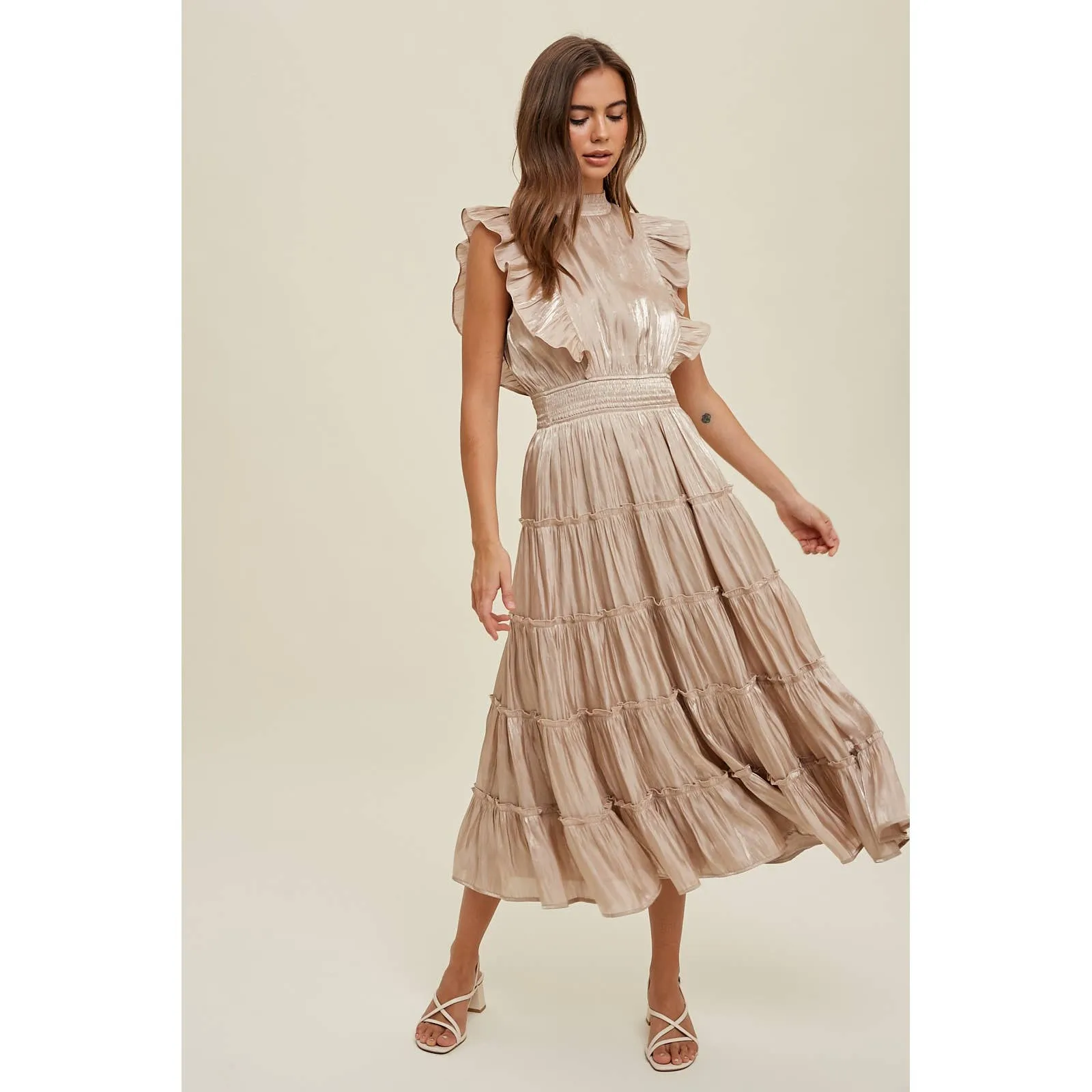 CHAMPAGNE ORGANZA TIERED MIDI DRESS WITH RUFFLE DETAIL