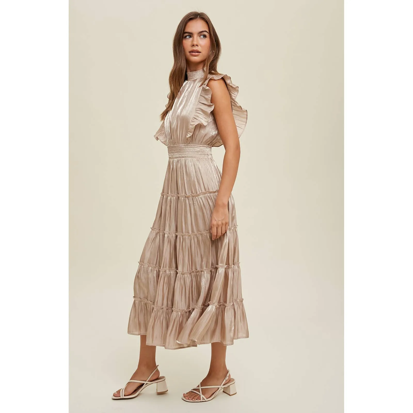 CHAMPAGNE ORGANZA TIERED MIDI DRESS WITH RUFFLE DETAIL