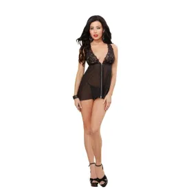 Chiffon Zip Front Babydoll and Thong - Small - Black