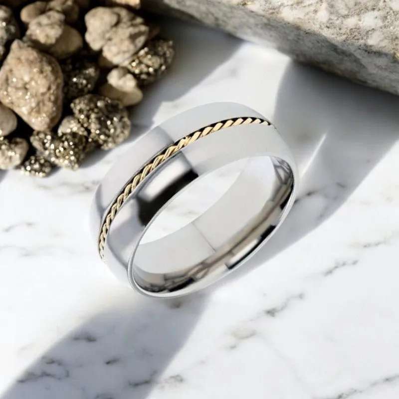 CHRISTIAN | Silver Titanium Ring, 14k Gold Braided Inlay, Domed