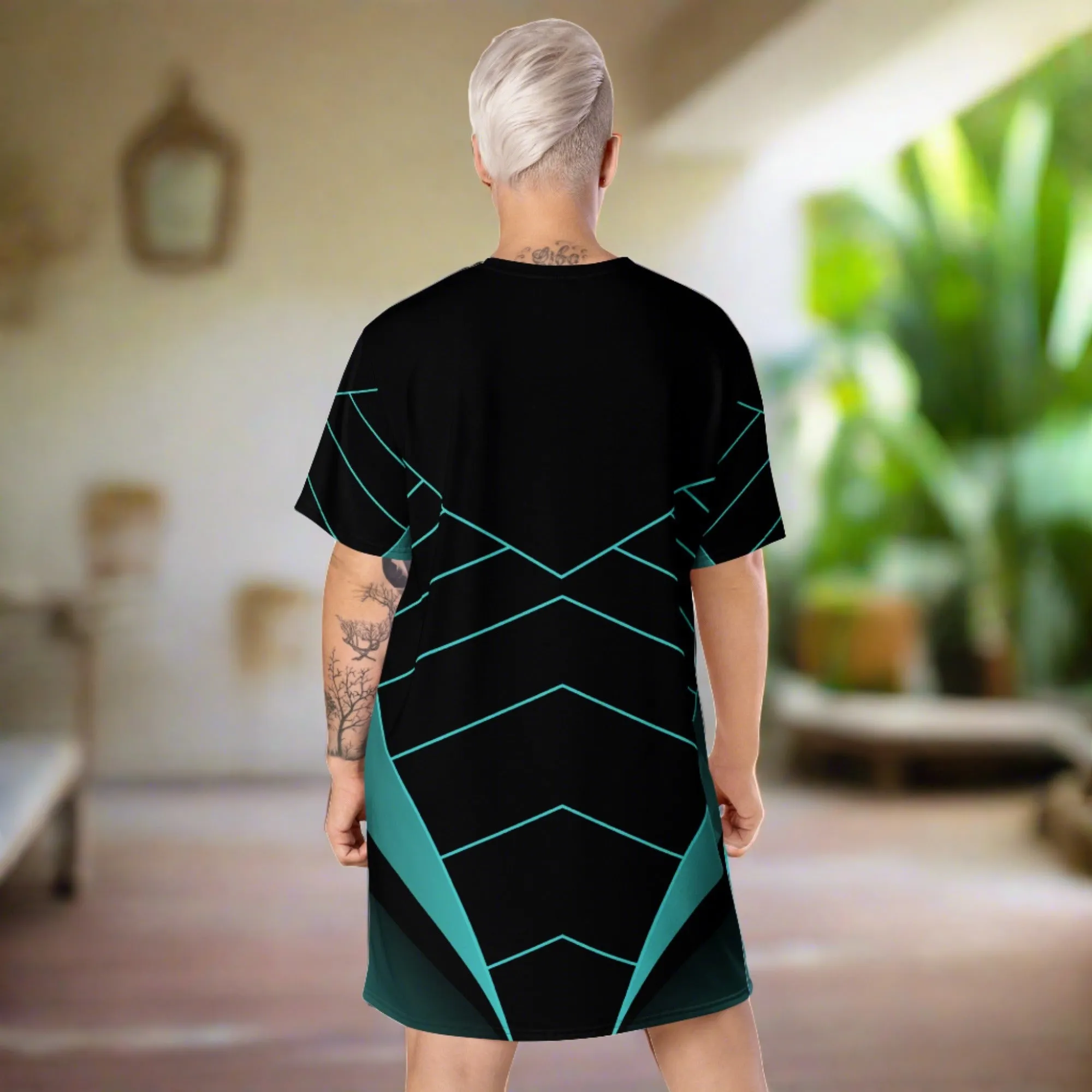 ChromoCo Black-Green T-Shirt Dress | Chic and Contemporary Geometric Design