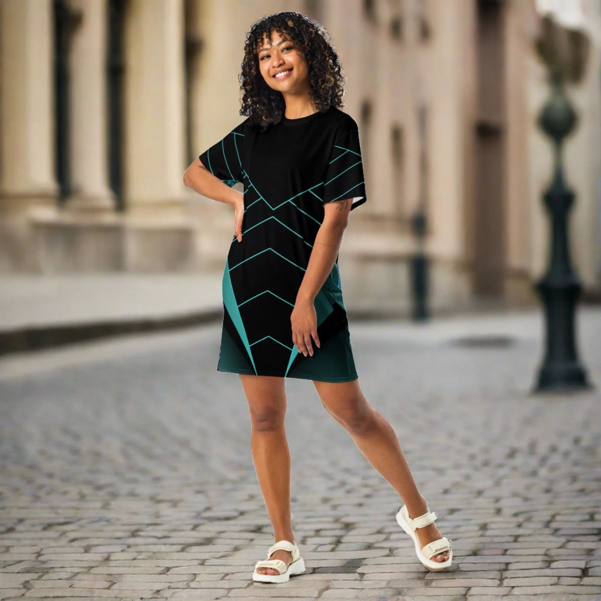 ChromoCo Black-Green T-Shirt Dress | Chic and Contemporary Geometric Design