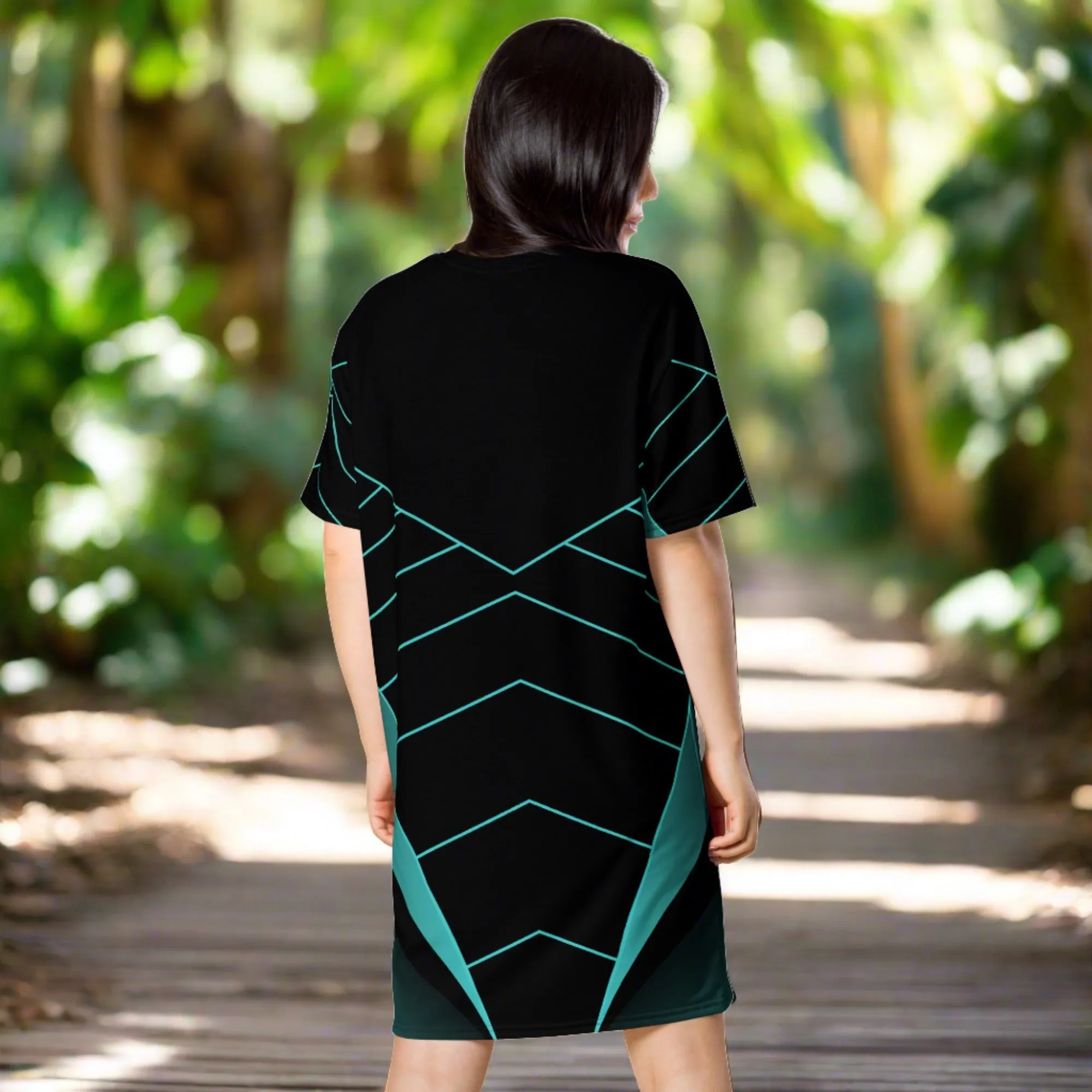 ChromoCo Black-Green T-Shirt Dress | Chic and Contemporary Geometric Design