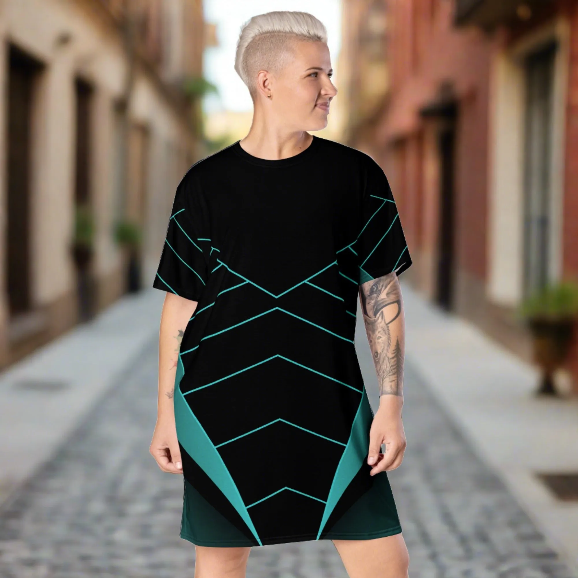 ChromoCo Black-Green T-Shirt Dress | Chic and Contemporary Geometric Design