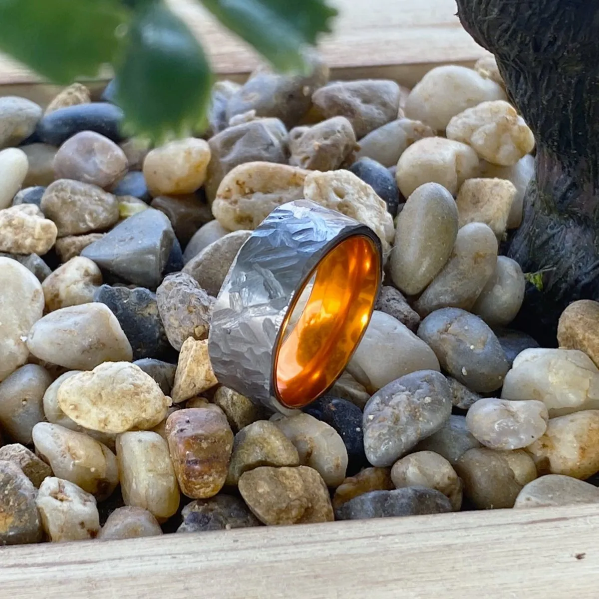 CITRUS | Orange Ring, Silver Titanium Ring, Hammered, Flat