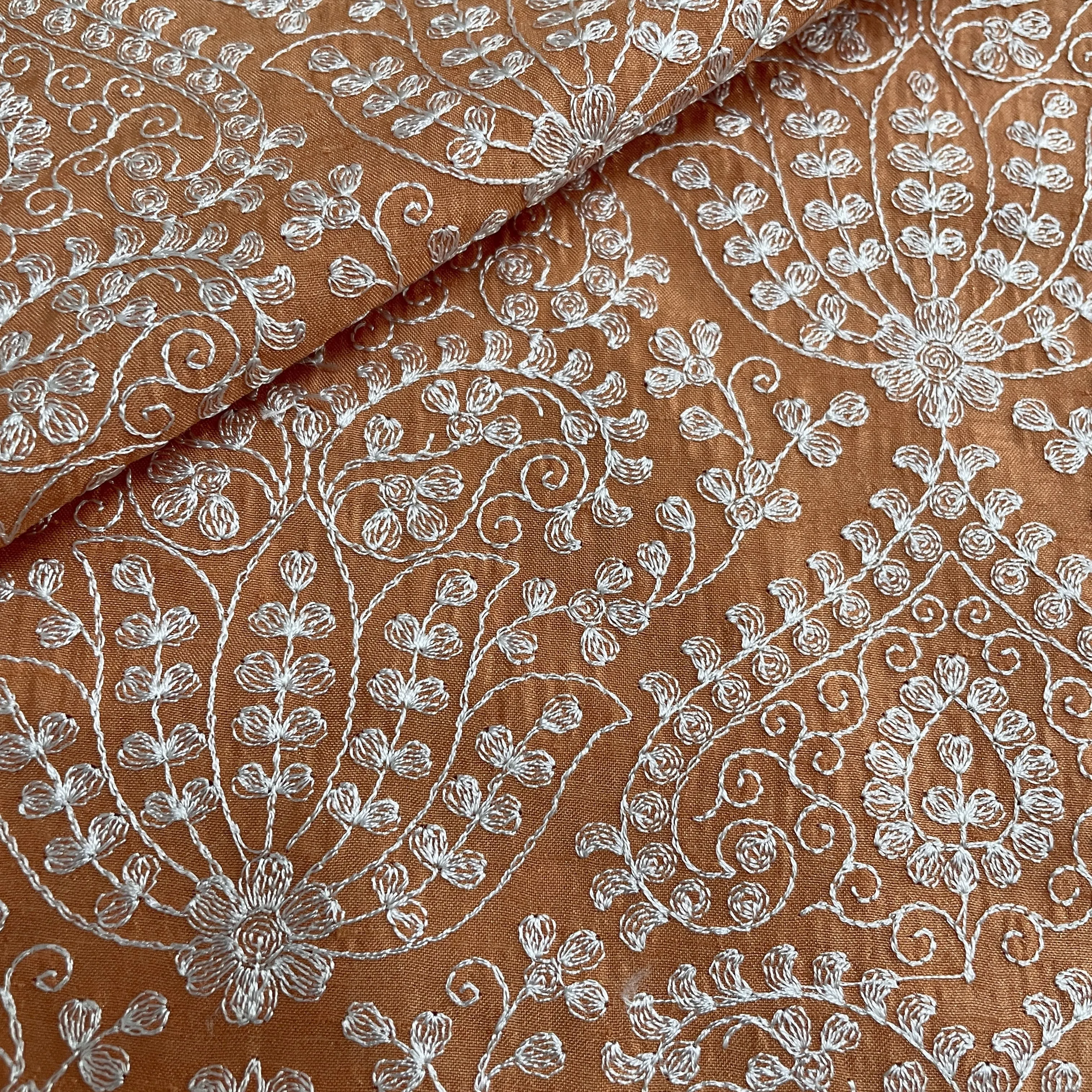 Classic Orange Floral Thread Embroidery Bemberg Silk Fabric