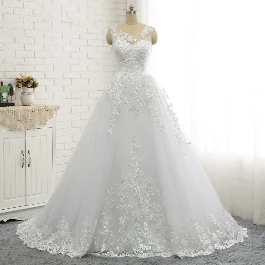 Classic Round neck Lace appliques White Princess Wedding Dress