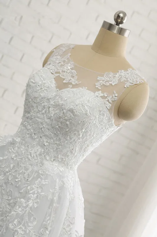 Classic Round neck Lace appliques White Princess Wedding Dress