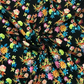 Colourful Floral Bunch on Black Cotton-Touch Polyester Fabric