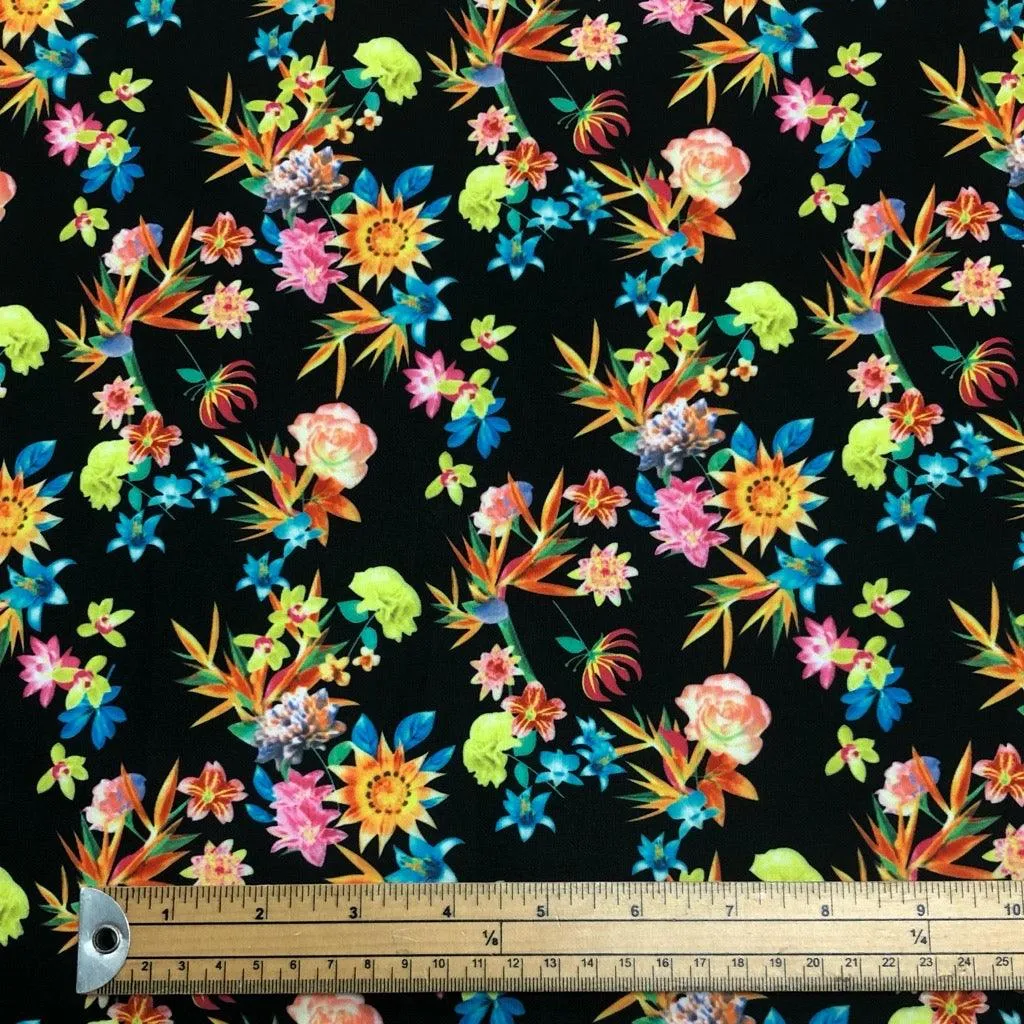 Colourful Floral Bunch on Black Cotton-Touch Polyester Fabric