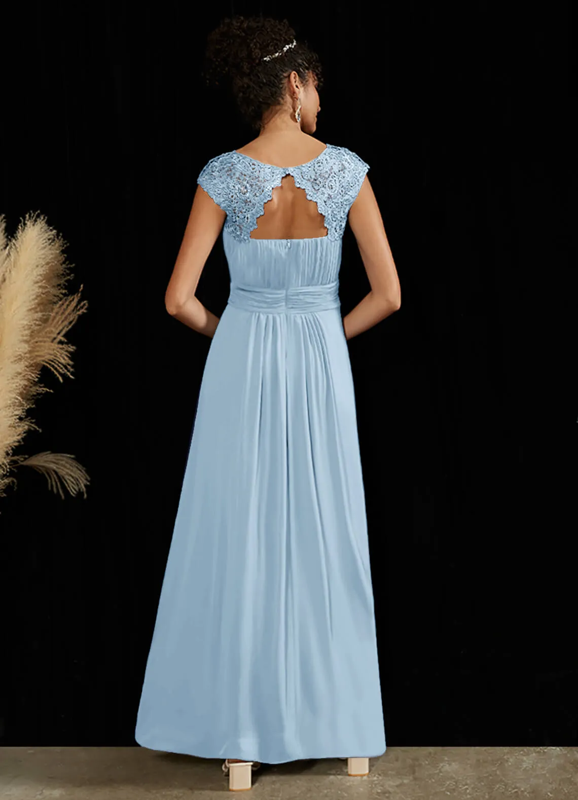 Cornflower Blue Lace Open Back Floor Length Silky Chiffon Formal Evening Mother Dress