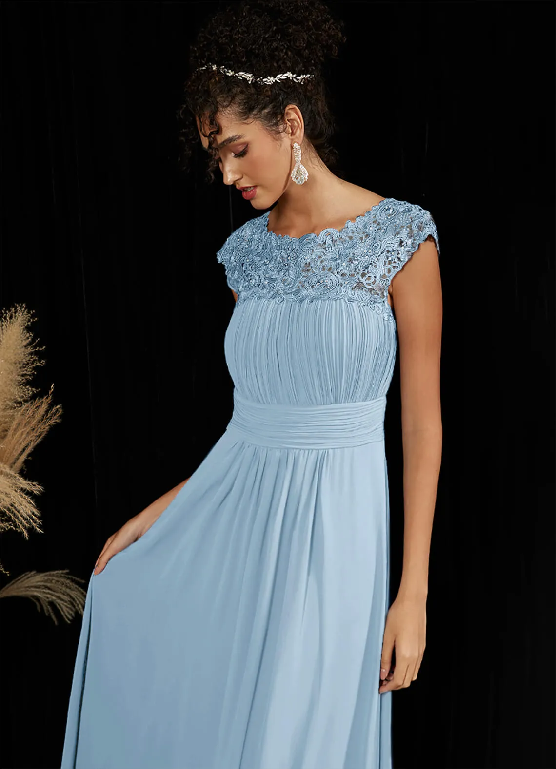 Cornflower Blue Lace Open Back Floor Length Silky Chiffon Formal Evening Mother Dress