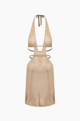 Crochet Hollow Out Backless Halter V-neck Knit Dress