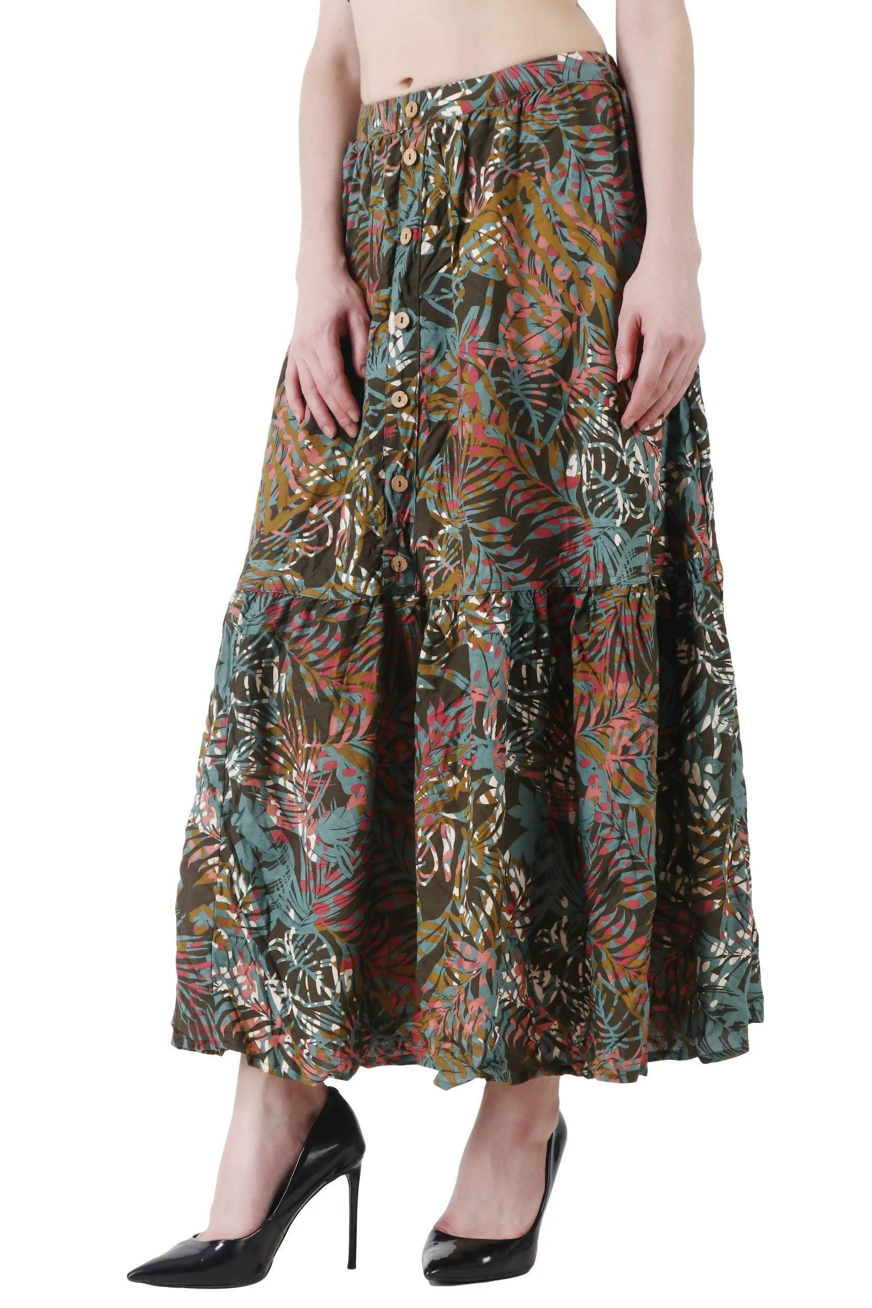 Dark Floral Leaf Printed Skirt