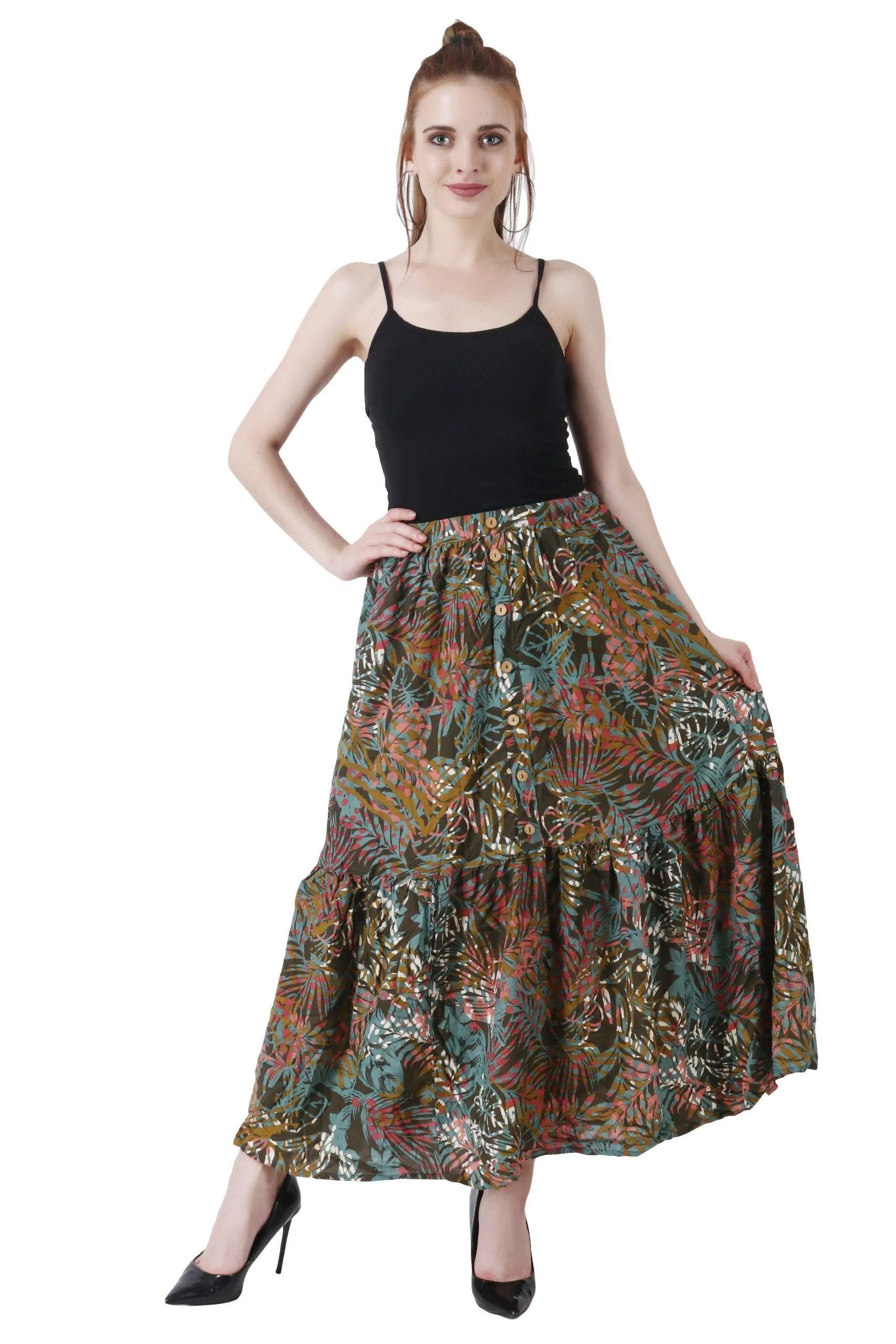 Dark Floral Leaf Printed Skirt