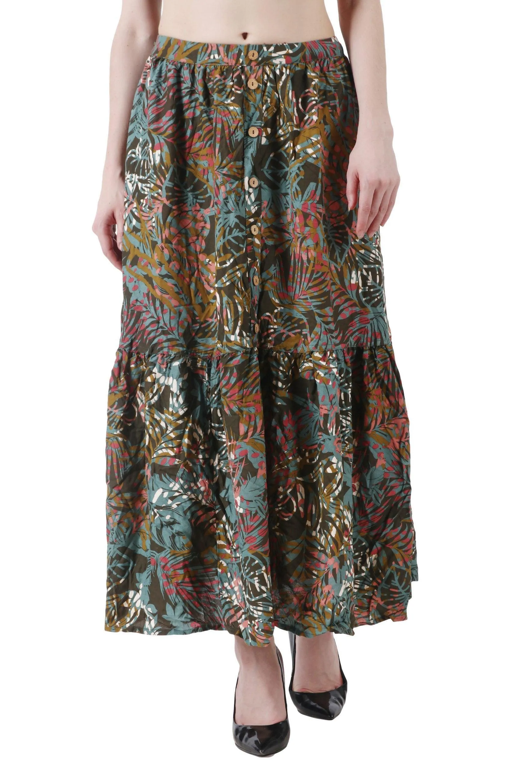 Dark Floral Leaf Printed Skirt