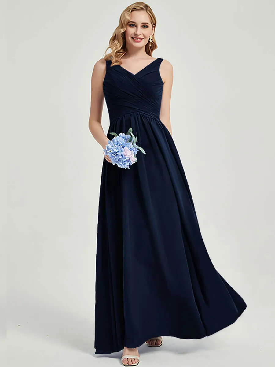 Dark Navy Wide Straps Sleeveless V-Neck Pleated Flowy Bridesmaid Dress