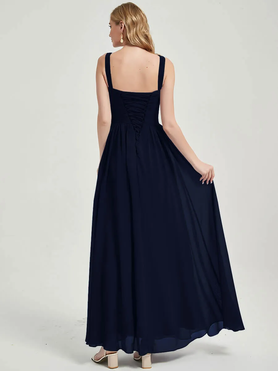 Dark Navy Wide Straps Sleeveless V-Neck Pleated Flowy Bridesmaid Dress