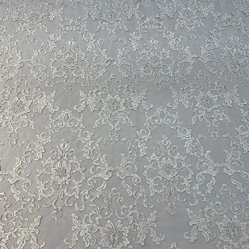 Deluxe Heavy Embroidered Glass Beaded Mesh Lace Fabric For Wedding, Gowns